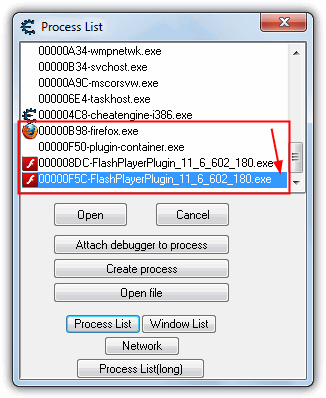 Firefox FlashPlayerPlugin Process List