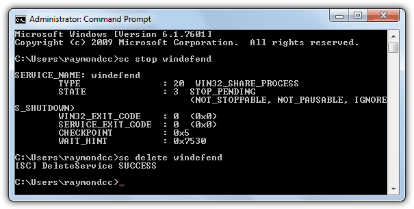 sc stop windefend