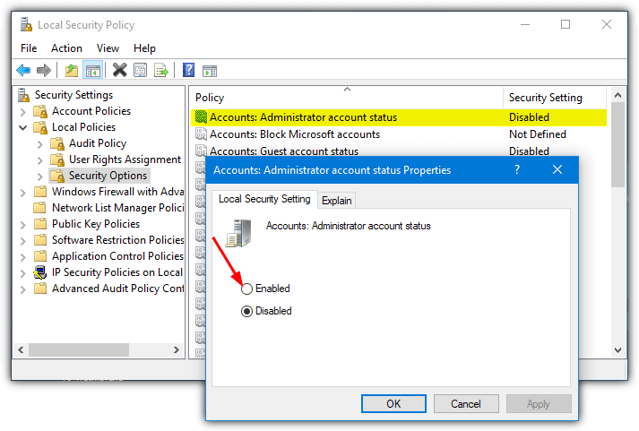 enable Administrator account status