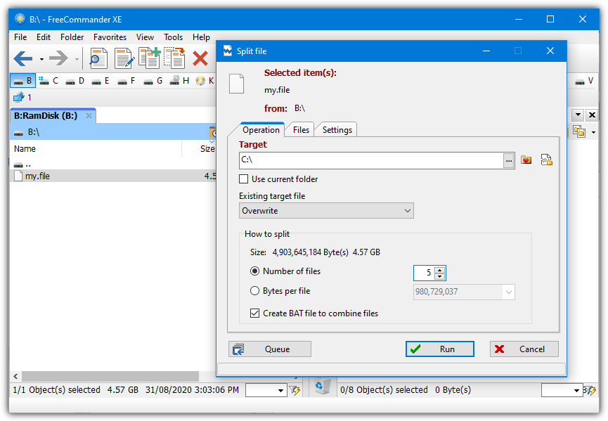 Freecommander xe split file