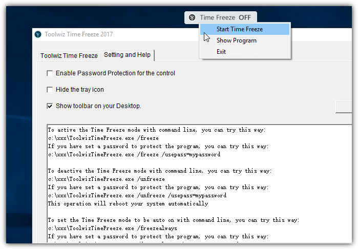 time freeze toolbar