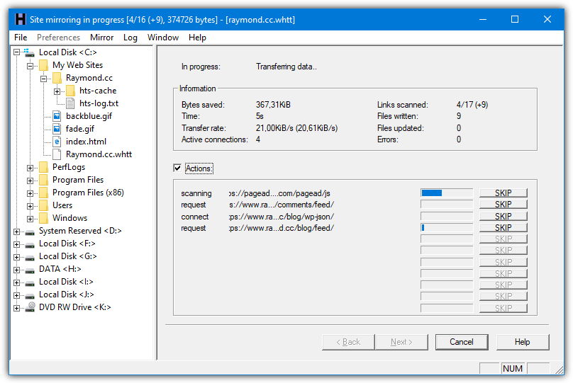 httrack site mirroring in progress