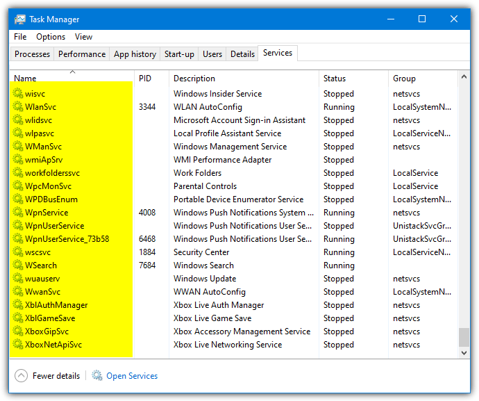 Task manager service names