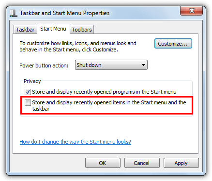 disable jump lists