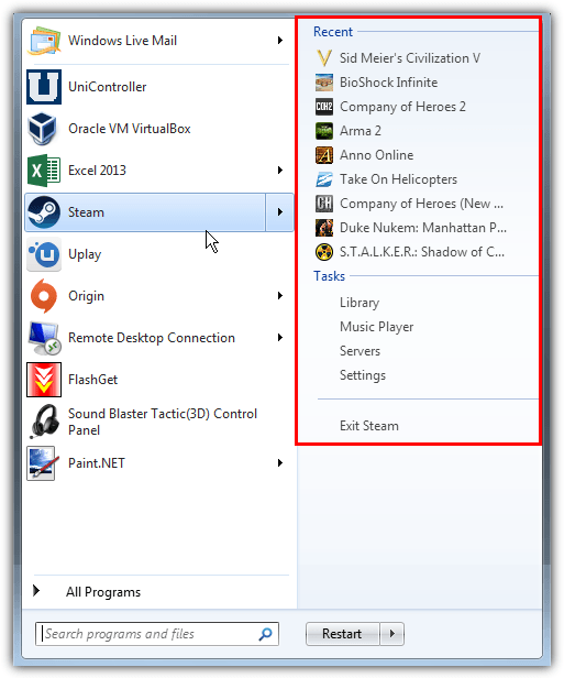 windows jump list