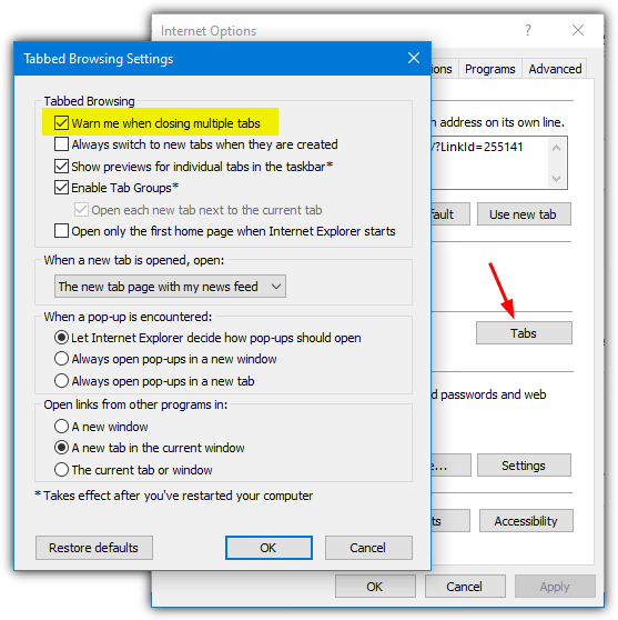 Ie tab close warning option