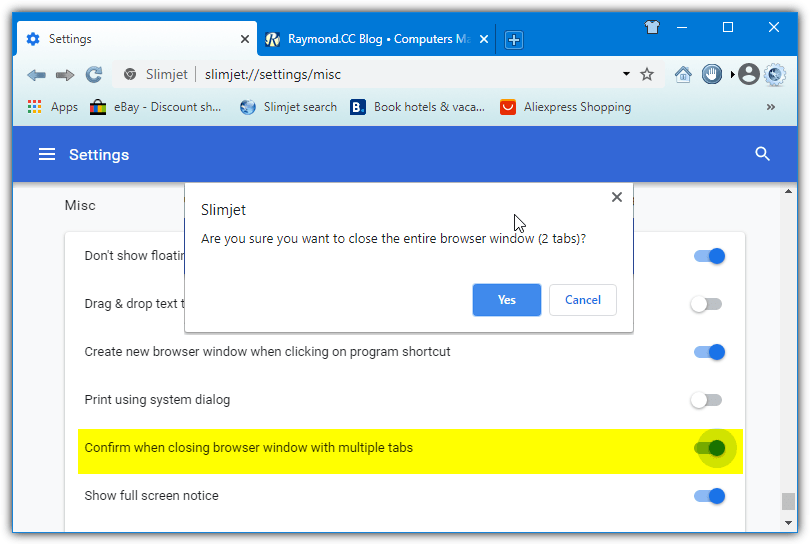 Slimjet multiple tabs close