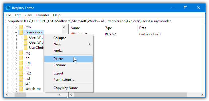 Regedit delete fileexts key
