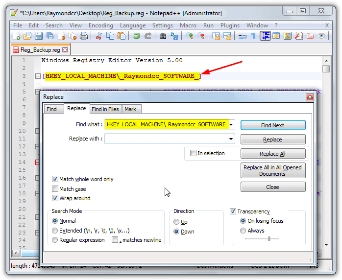 notepad find hive key