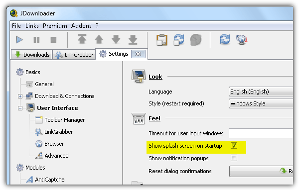 disable jdownloader splash screen